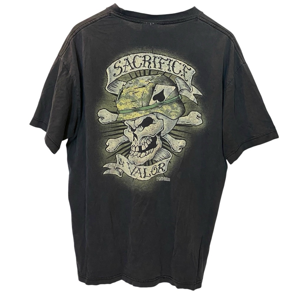 Thrashed Sacrifice Valor Skull Tee L Faded Ripped Stained Grunge Military Worn‎